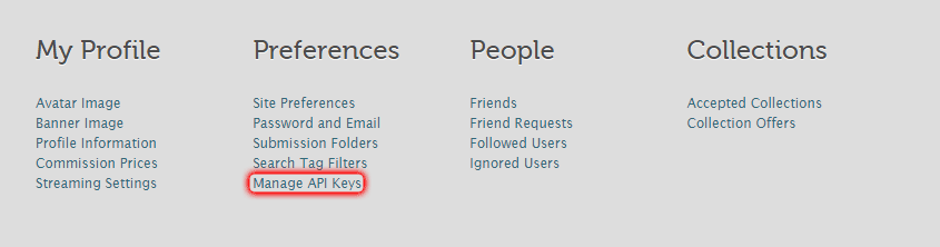 Image showing location of the'Manage API Keys' option.